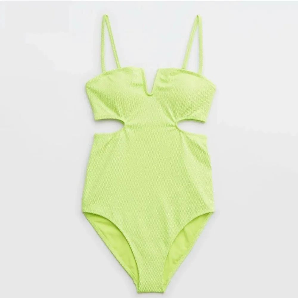 Aerie Medium Shine Pique V-Wire Cut Out One Piece Swimsuit